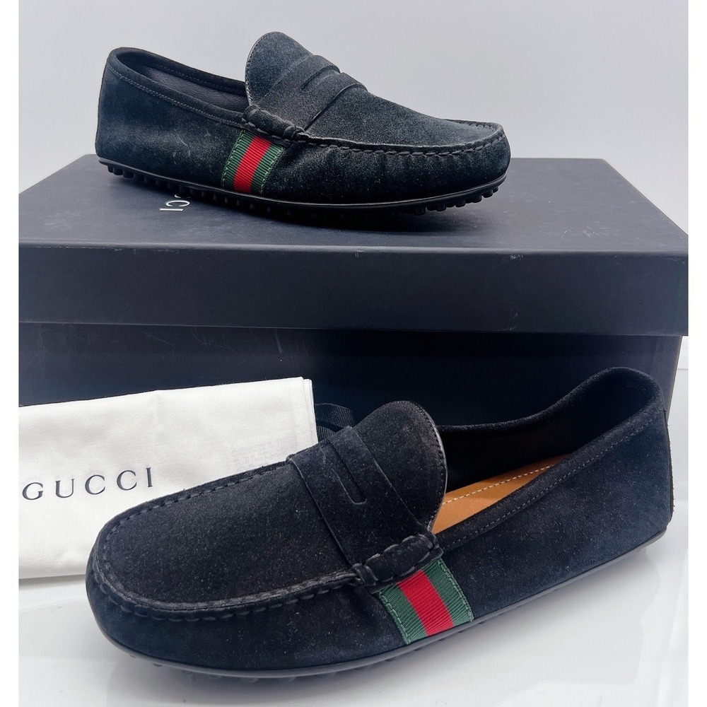 Gucci Web Accent Penny Slip On Loafers Driver Shoe Black Suede Wms UK 6 US 9